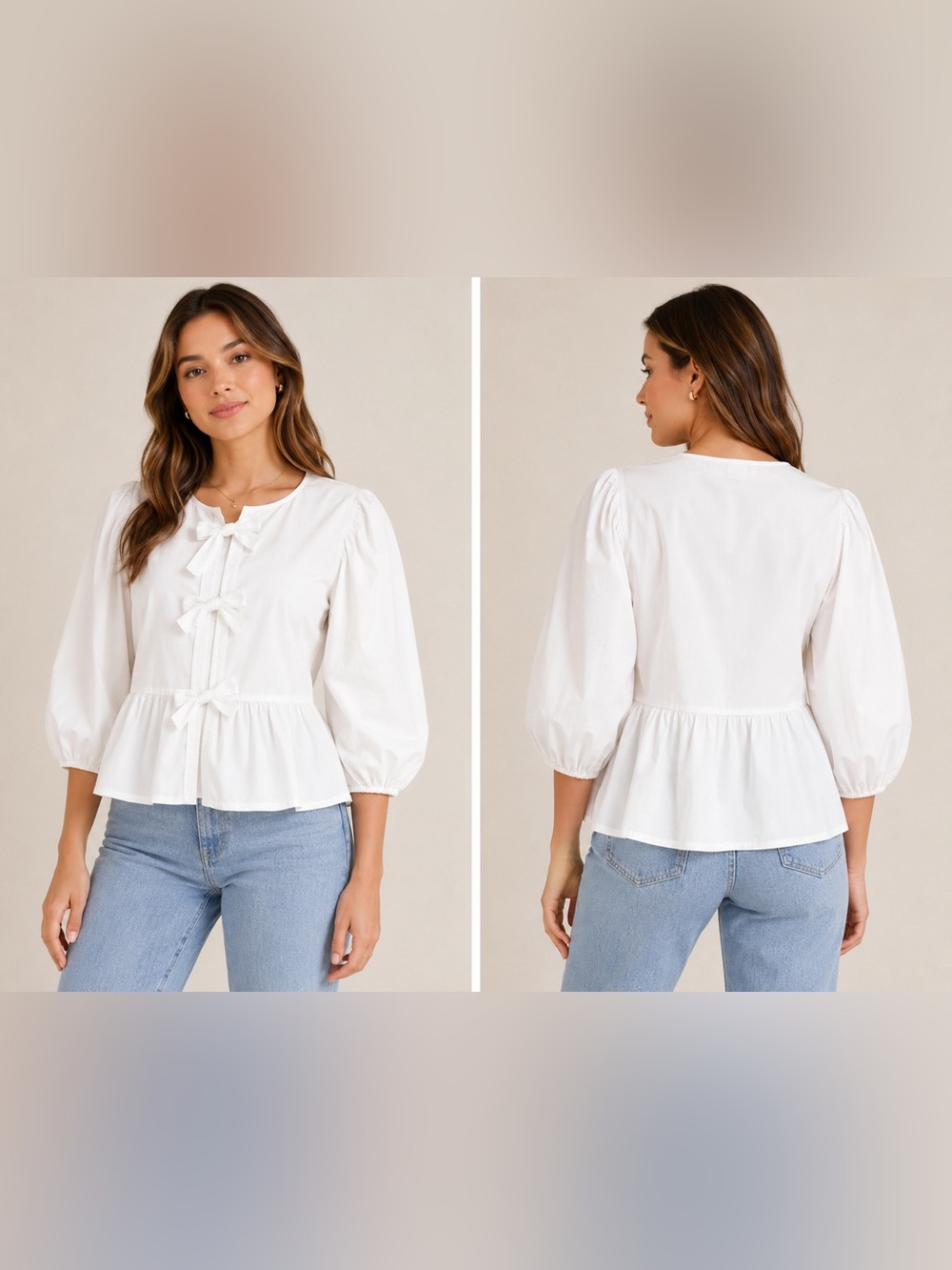 White Bow Front Peplum Blouse Puff Sleeve Top Size Large NWOT